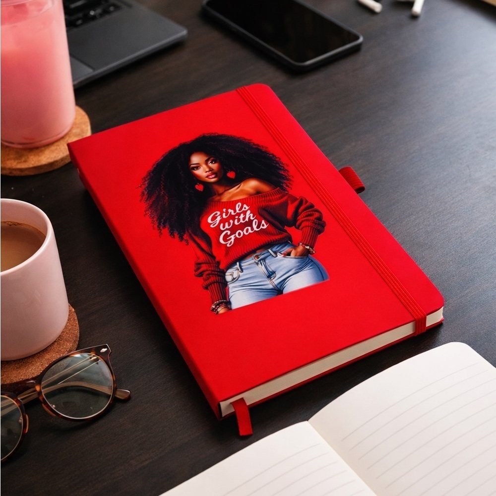 Red Notebook with Stylish Graphic “Girls with Goals”
